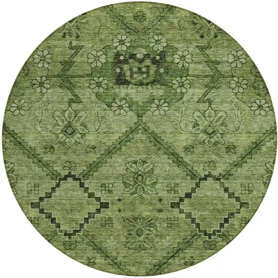 8' Olive Green Fern Green And Artichoke Green Round Floral Washable Indoor Outdoor Area Rug Photo 2