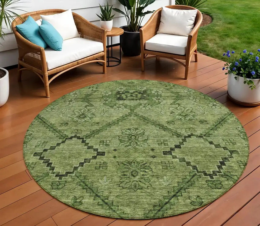 8' Olive Green Fern Green And Artichoke Green Round Floral Washable Indoor Outdoor Area Rug Photo 1