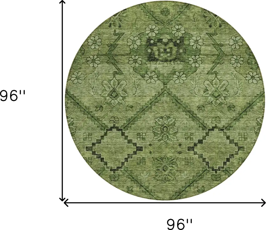 8' Olive Green Fern Green And Artichoke Green Round Floral Washable Indoor Outdoor Area Rug Photo 3
