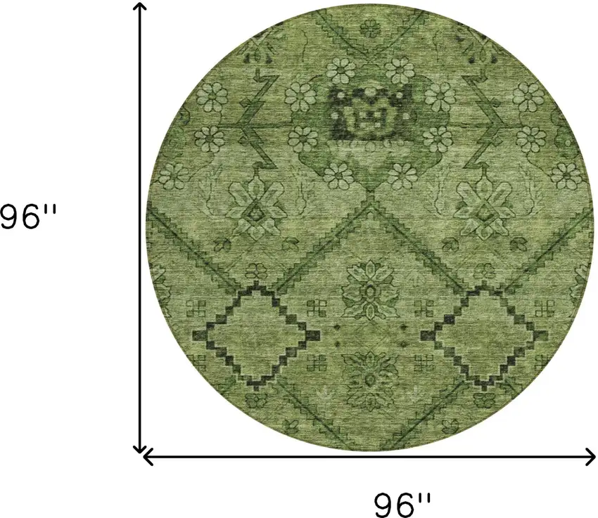 8' Olive Green Fern Green And Artichoke Green Round Floral Washable Indoor Outdoor Area Rug Photo 3