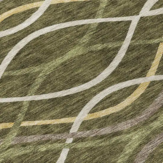8' Olive Green Fern Green And Ivory Round Abstract Washable Indoor Outdoor Area Rug Photo 9