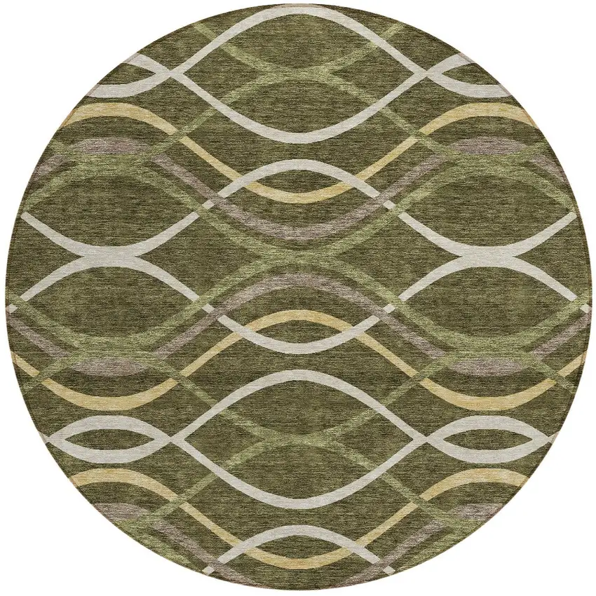 8' Olive Green Fern Green And Ivory Round Abstract Washable Indoor Outdoor Area Rug Photo 5