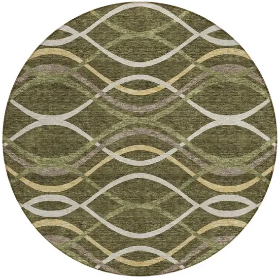 8' Olive Green Fern Green And Ivory Round Abstract Washable Indoor Outdoor Area Rug Photo 5