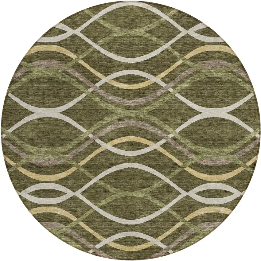 8' Olive Green Fern Green And Ivory Round Abstract Washable Indoor Outdoor Area Rug Photo 1