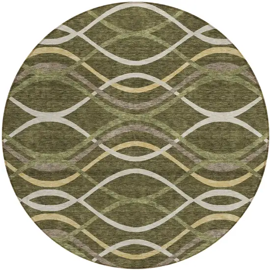 8' Olive Green Fern Green And Ivory Round Abstract Washable Indoor Outdoor Area Rug Photo 1