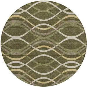 Photo of 8' Olive Green Fern Green And Ivory Round Abstract Washable Indoor Outdoor Area Rug