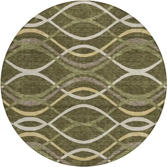 8' Olive Green Fern Green And Ivory Round Abstract Washable Indoor Outdoor Area Rug Photo 1
