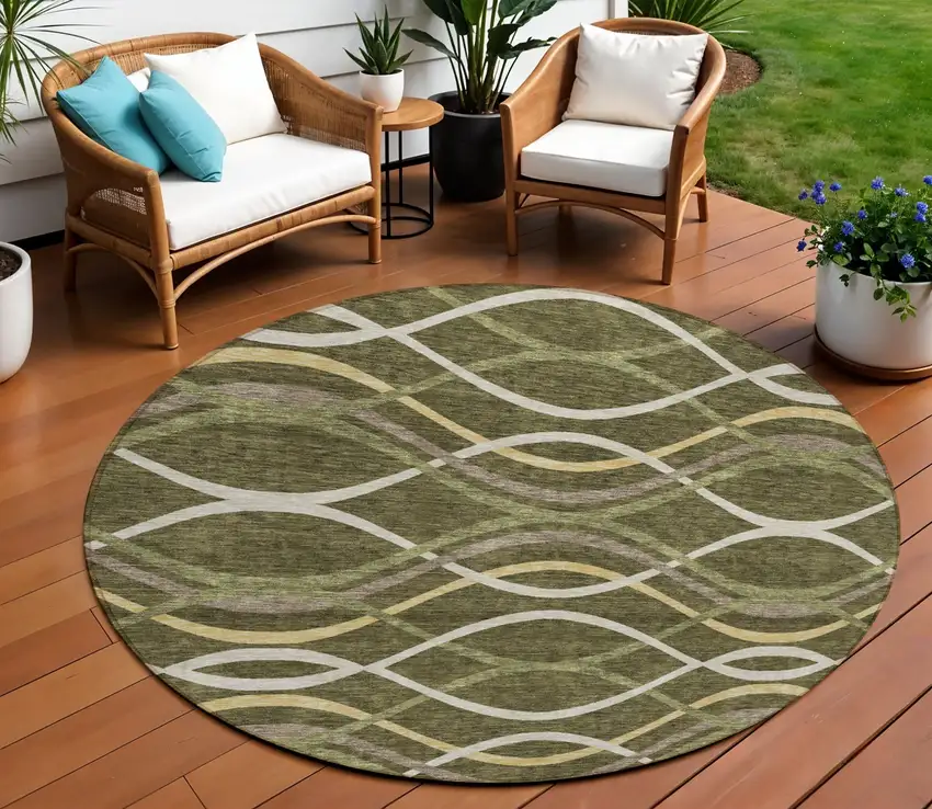 8' Olive Green Fern Green And Ivory Round Abstract Washable Indoor Outdoor Area Rug Photo 1