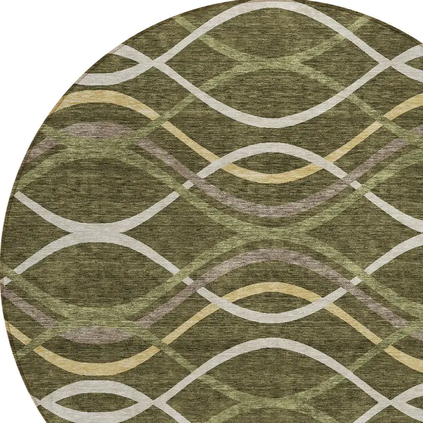 8' Olive Green Fern Green And Ivory Round Abstract Washable Indoor Outdoor Area Rug Photo 4