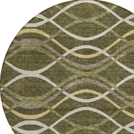 8' Olive Green Fern Green And Ivory Round Abstract Washable Indoor Outdoor Area Rug Photo 4