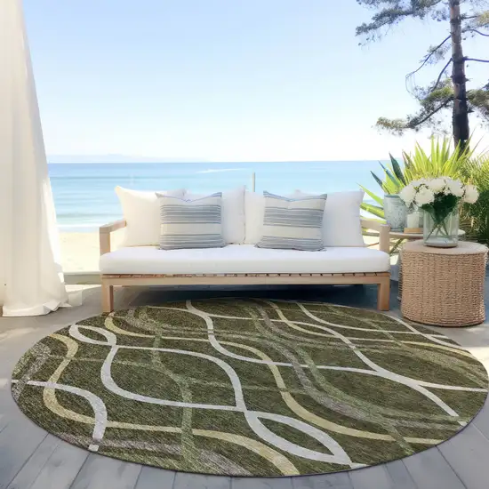 8' Olive Green Fern Green And Ivory Round Abstract Washable Indoor Outdoor Area Rug Photo 6