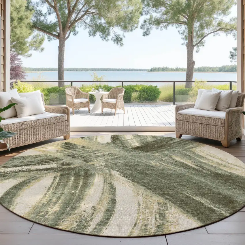 8' Olive Green Gold And Beige Round Abstract Washable Indoor Outdoor Area Rug Photo 4