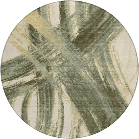 8' Olive Green Gold And Beige Round Abstract Washable Indoor Outdoor Area Rug Photo 1