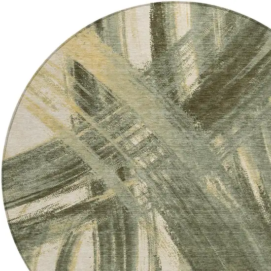 8' Olive Green Gold And Beige Round Abstract Washable Indoor Outdoor Area Rug Photo 2