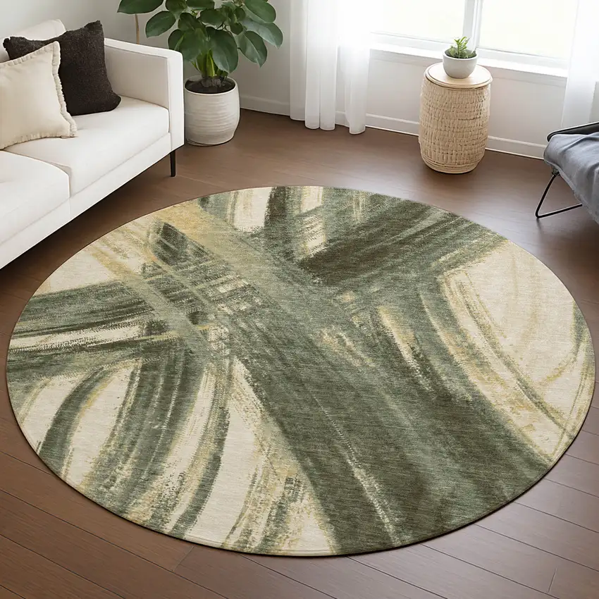 8' Olive Green Gold And Beige Round Abstract Washable Indoor Outdoor Area Rug Photo 5