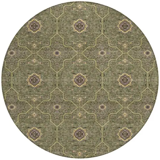 8' Olive Green Gold And Black Round Oriental Washable Indoor Outdoor Area Rug Photo 3