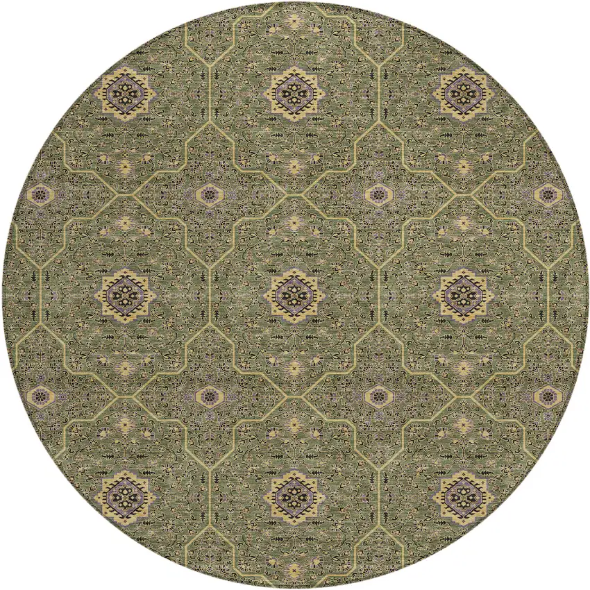 8' Olive Green Gold And Black Round Oriental Washable Indoor Outdoor Area Rug Photo 1