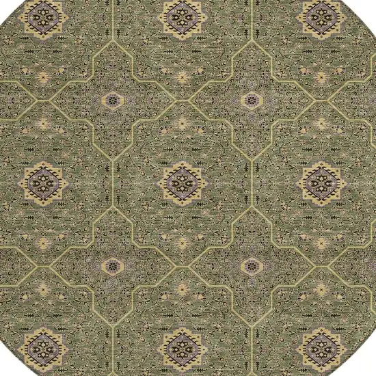 8' Olive Green Gold And Black Round Oriental Washable Indoor Outdoor Area Rug Photo 2