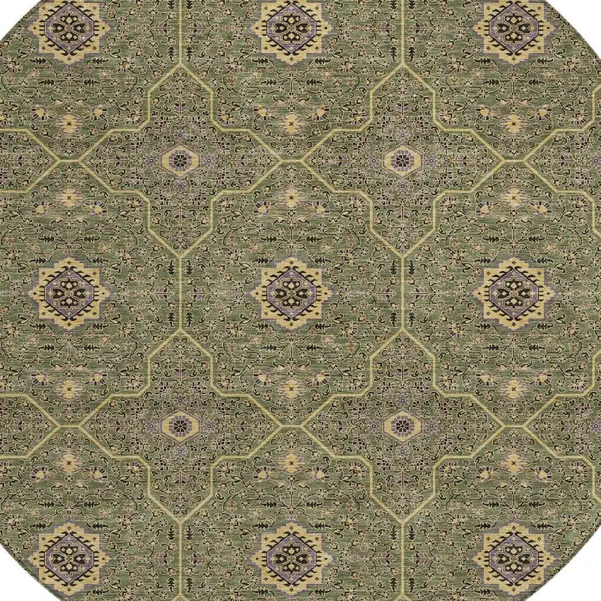 8' Olive Green Gold And Black Round Oriental Washable Indoor Outdoor Area Rug Photo 2
