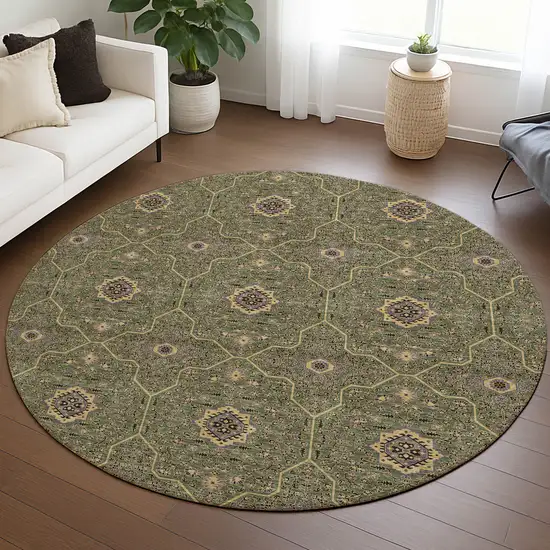 8' Olive Green Gold And Black Round Oriental Washable Indoor Outdoor Area Rug Photo 5