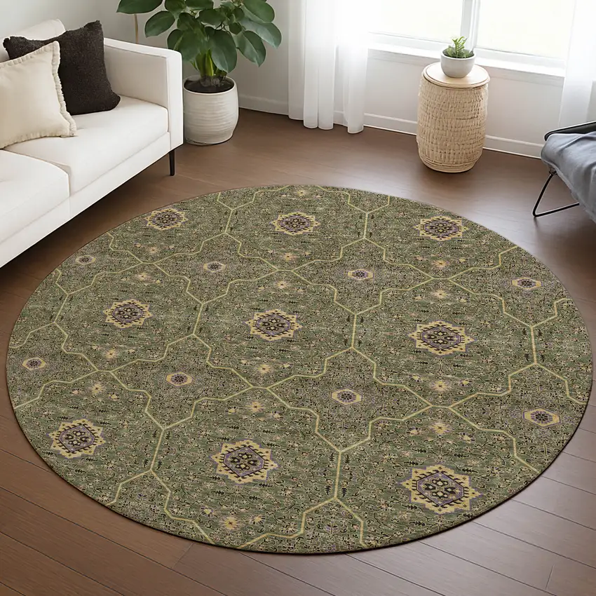 8' Olive Green Gold And Black Round Oriental Washable Indoor Outdoor Area Rug Photo 5