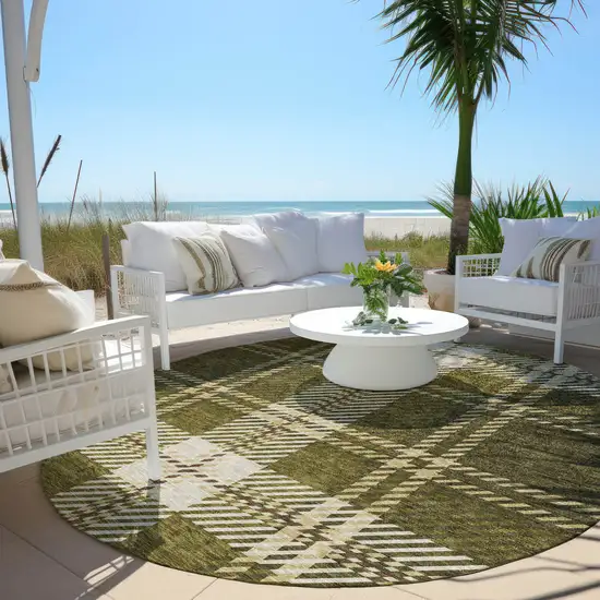 8' Olive Green Gold And Brown Round Plaid Washable Indoor Outdoor Area Rug Photo 6