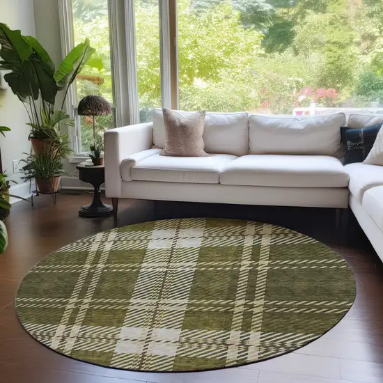 8' Olive Green Gold And Brown Round Plaid Washable Indoor Outdoor Area Rug Photo 7