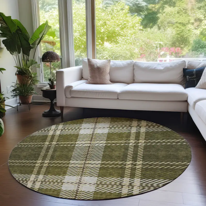 8' Olive Green Gold And Brown Round Plaid Washable Indoor Outdoor Area Rug Photo 7