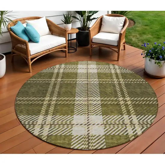 8' Olive Green Gold And Brown Round Plaid Washable Indoor Outdoor Area Rug Photo 1
