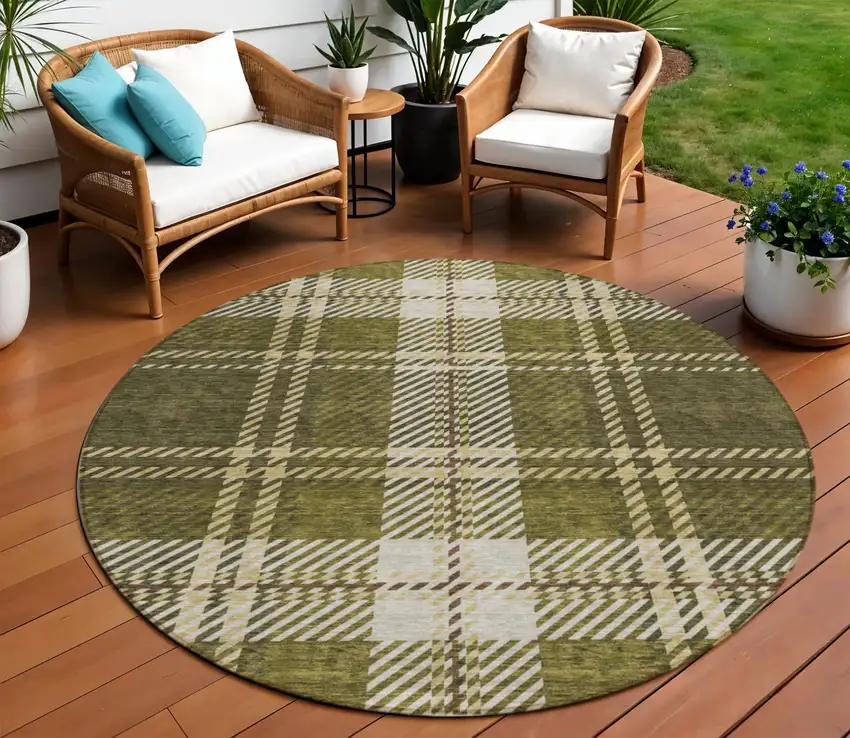 8' Olive Green Gold And Brown Round Plaid Washable Indoor Outdoor Area Rug Photo 1