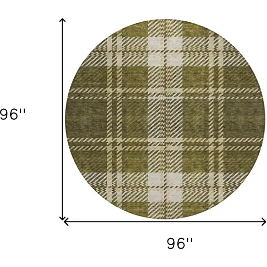 8' Olive Green Gold And Brown Round Plaid Washable Indoor Outdoor Area Rug Photo 3