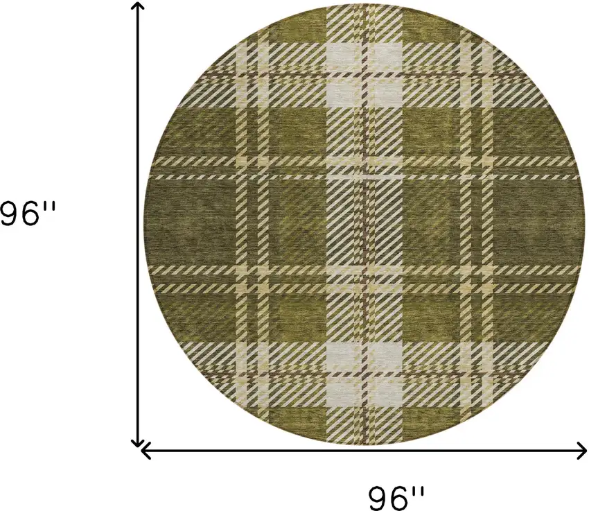 8' Olive Green Gold And Brown Round Plaid Washable Indoor Outdoor Area Rug Photo 3