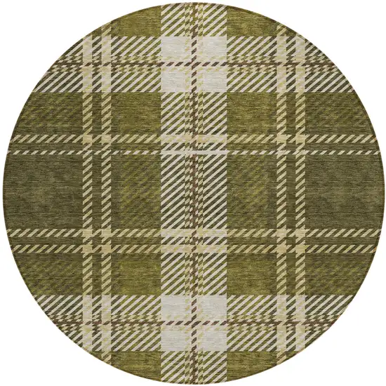 8' Olive Green Gold And Brown Round Plaid Washable Indoor Outdoor Area Rug Photo 2