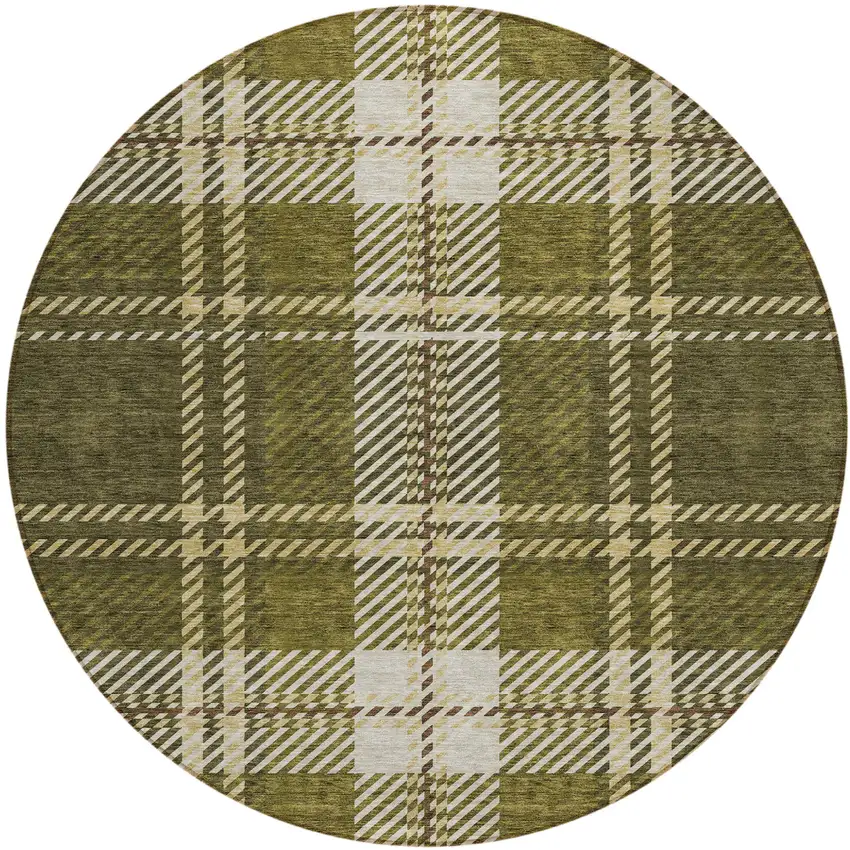 8' Olive Green Gold And Brown Round Plaid Washable Indoor Outdoor Area Rug Photo 2