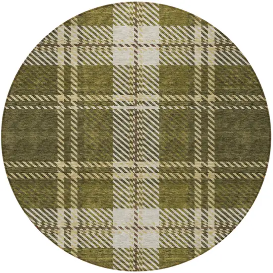 8' Olive Green Gold And Brown Round Plaid Washable Indoor Outdoor Area Rug Photo 5