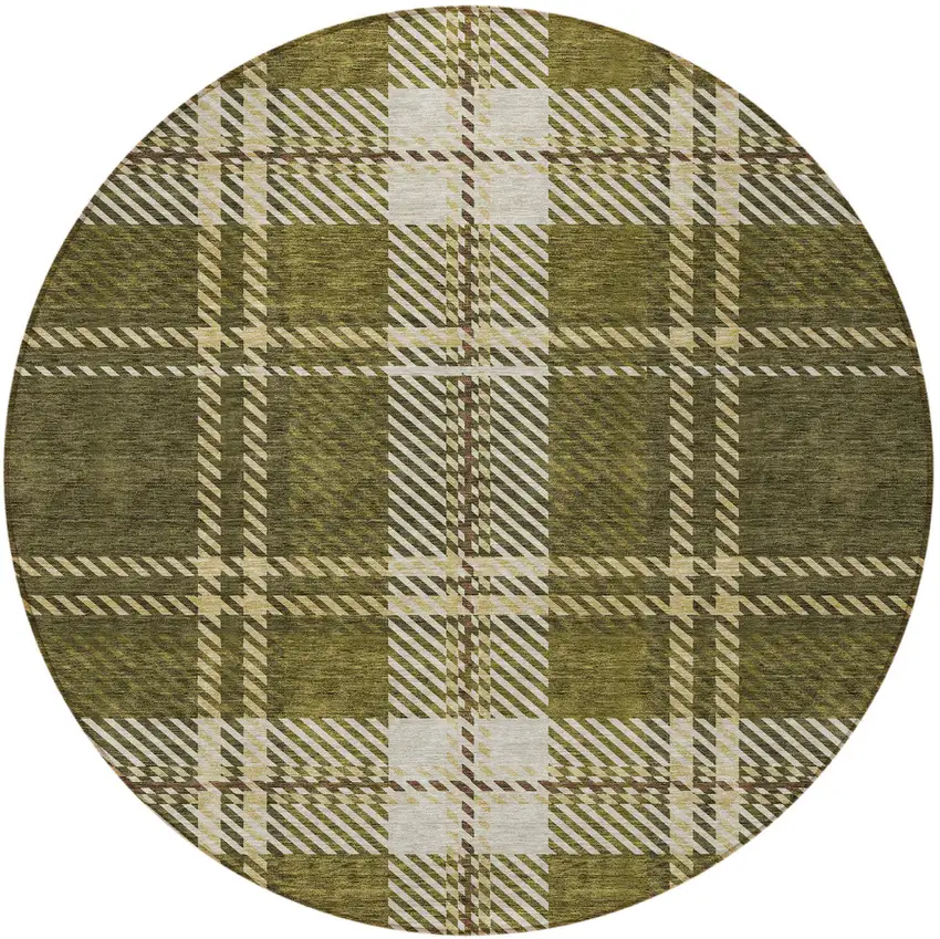8' Olive Green Gold And Brown Round Plaid Washable Indoor Outdoor Area Rug Photo 5