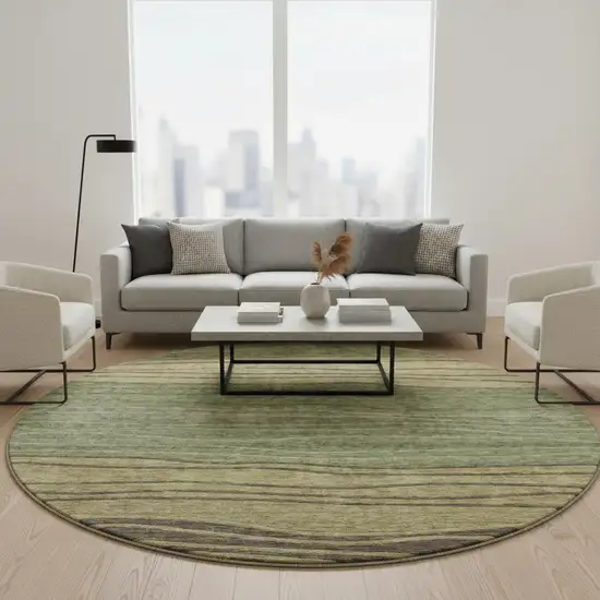 8' Olive Green Gold And Brown Striped Washable Round Rug With UV Protection Photo 2