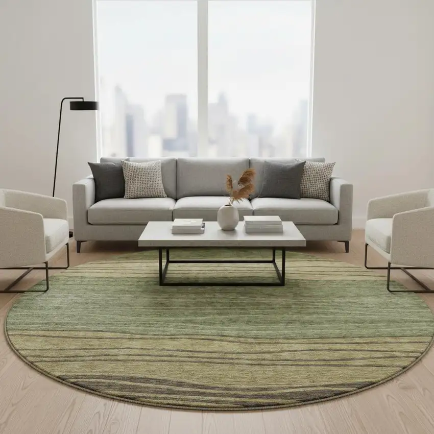 8' Olive Green Gold And Brown Striped Washable Round Rug With UV Protection Photo 2