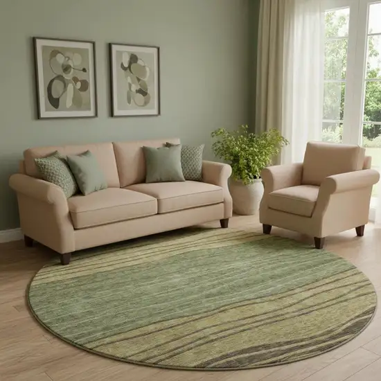 8' Olive Green Gold And Brown Striped Washable Round Rug With UV Protection Photo 1