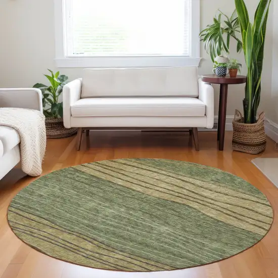 8' Olive Green Gold And Brown Striped Washable Round Rug With UV Protection Photo 5