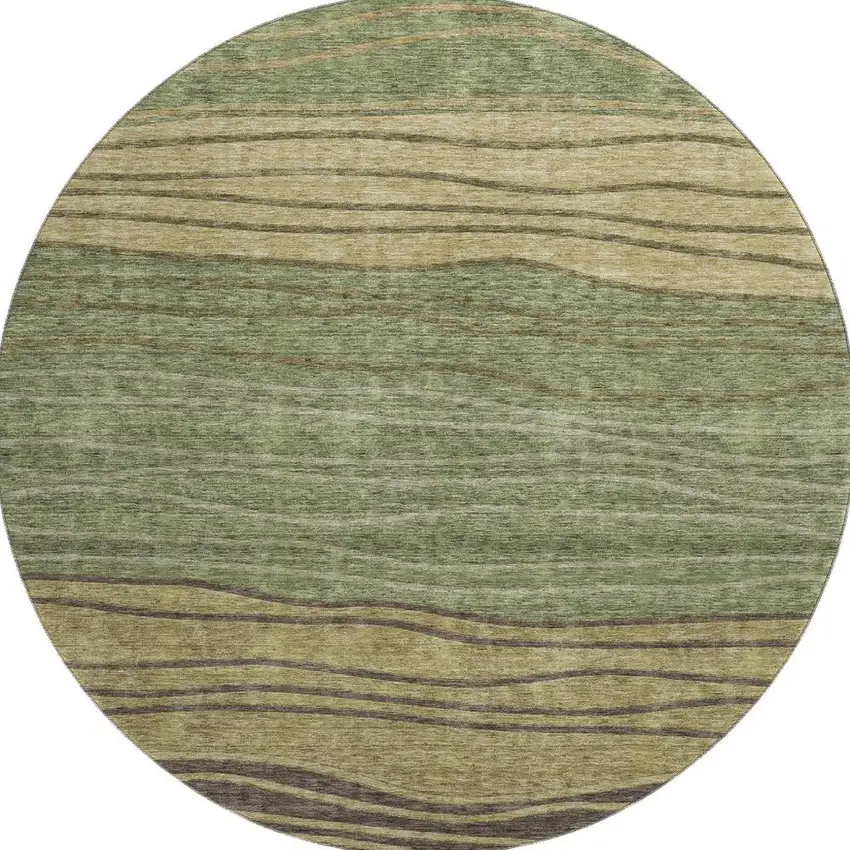 8' Olive Green Gold And Brown Striped Washable Round Rug With UV Protection Photo 4