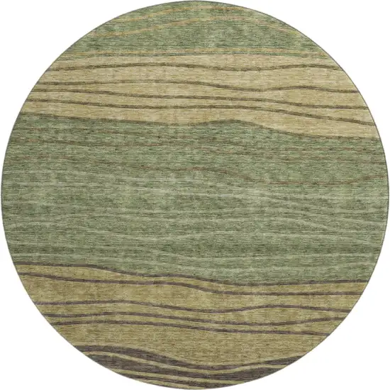 8' Olive Green Gold And Brown Striped Washable Round Rug With UV Protection Photo 1