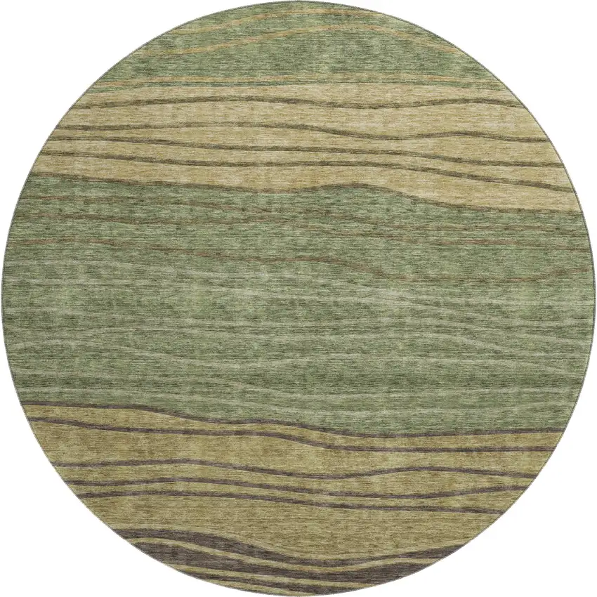 8' Olive Green Gold And Brown Striped Washable Round Rug With UV Protection Photo 1