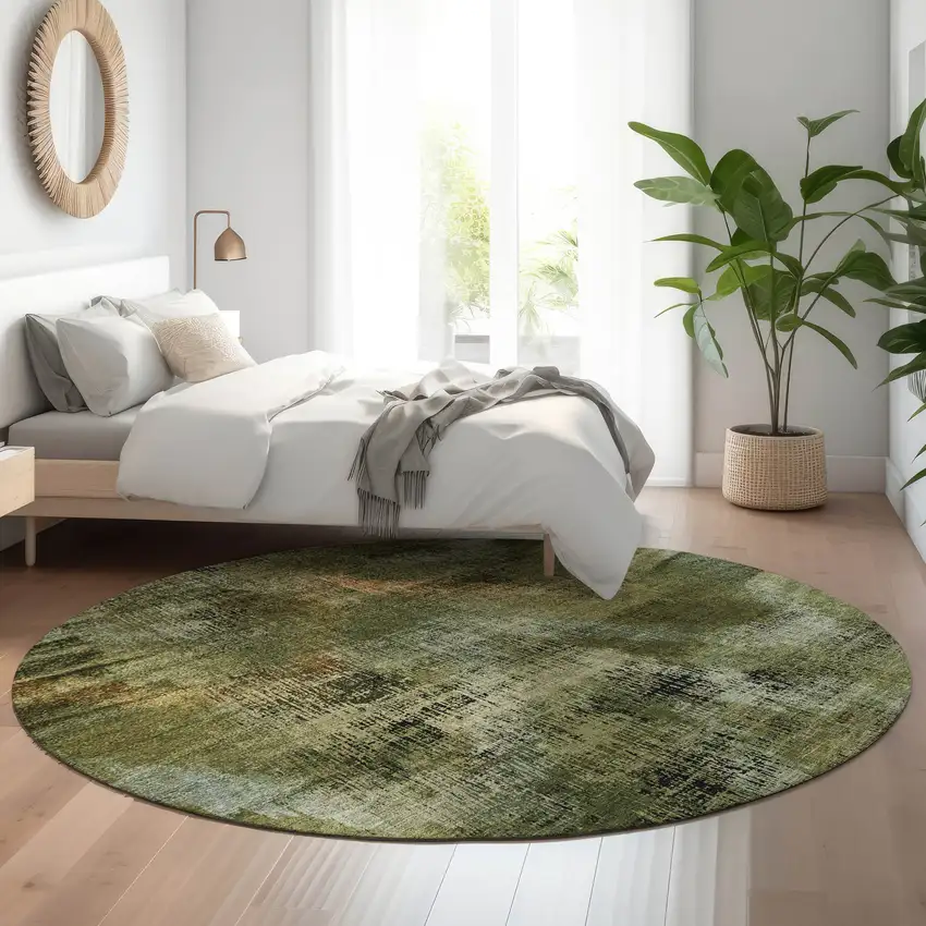 8' Olive Green Gold And Charcoal Abstract Washable Round Rug With UV Protection Photo 5