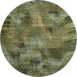 Photo of 8' Olive Green Gold And Charcoal Abstract Washable Round Rug With UV Protection