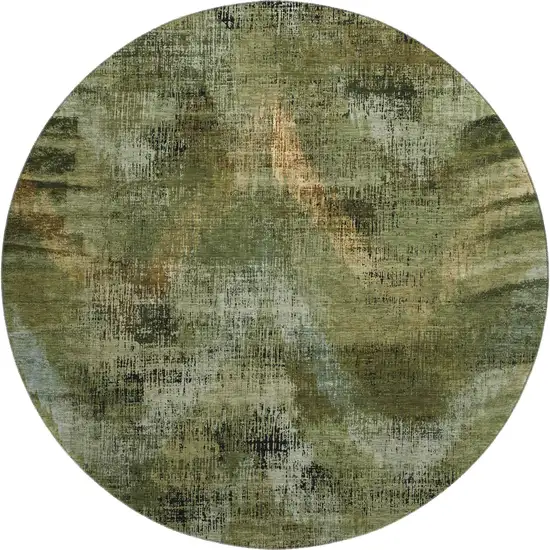 8' Olive Green Gold And Charcoal Abstract Washable Round Rug With UV Protection Photo 1