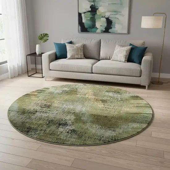 8' Olive Green Gold And Charcoal Abstract Washable Round Rug With UV Protection Photo 2