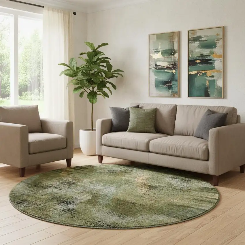 8' Olive Green Gold And Charcoal Abstract Washable Round Rug With UV Protection Photo 1