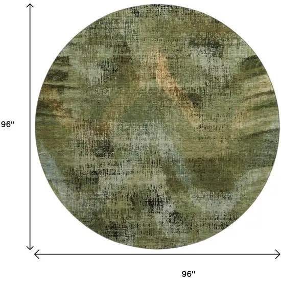 8' Olive Green Gold And Charcoal Abstract Washable Round Rug With UV Protection Photo 3