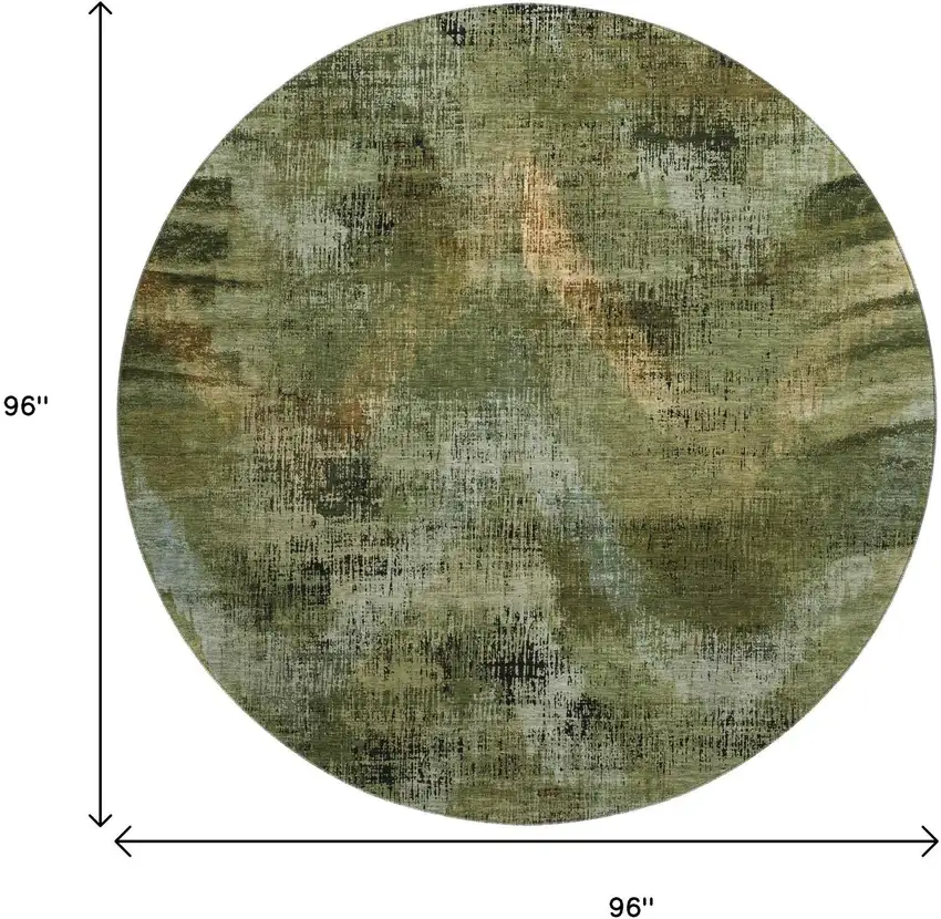 8' Olive Green Gold And Charcoal Abstract Washable Round Rug With UV Protection Photo 3